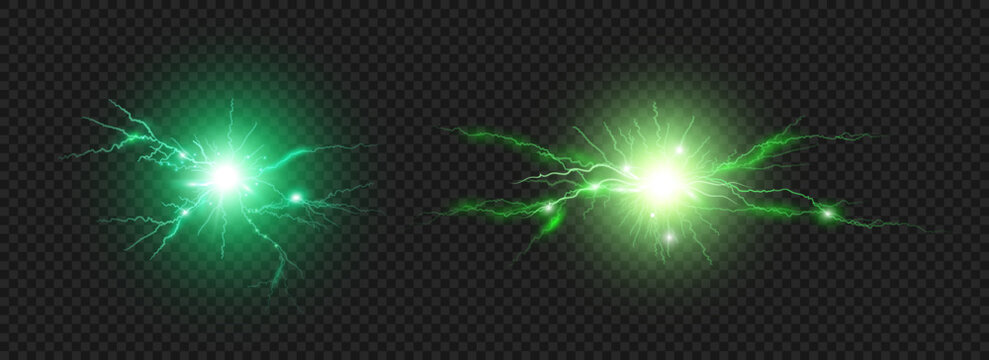Lightning strikes and sparks, electrical energy realistic effect. Vector isolated set of bolts, sphere balls with powerful force and high voltage discharge. Thunderbolt burst or plasmic strike