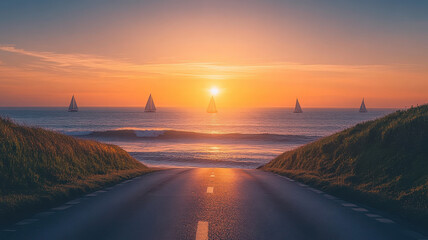 Chasing the Horizon concept, serene seaside road at sunset with sailboats on horizon