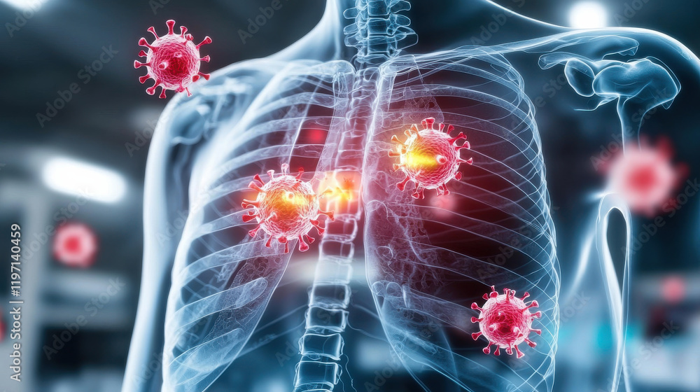 Poster x ray style illustration showing mechanism of virus infection in lungs, highlighting interaction bet