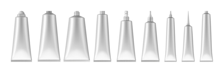 Blank plastic tubes for cosmetic products. Vector isolated realistic set of containers for lotions, gels and skincare goods for beauty. Different sizes and volumes. Mockup packaging with copy space