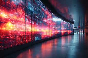 Curved digital wall display in modern hallway. Red and blue data streams light up the corridor.