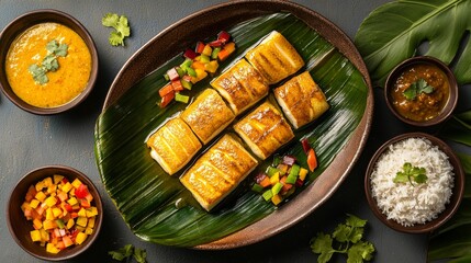 Delicious Grilled Fish with Rice and Sauces on Banana Leaf