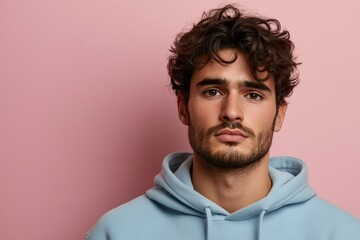 Fototapeta premium Young man with curly hair wearing a light blue hoodie against a pink backdrop