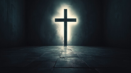Naklejka premium An evocative scene of a door shaped like a cross, standing out in a dark and minimalist room