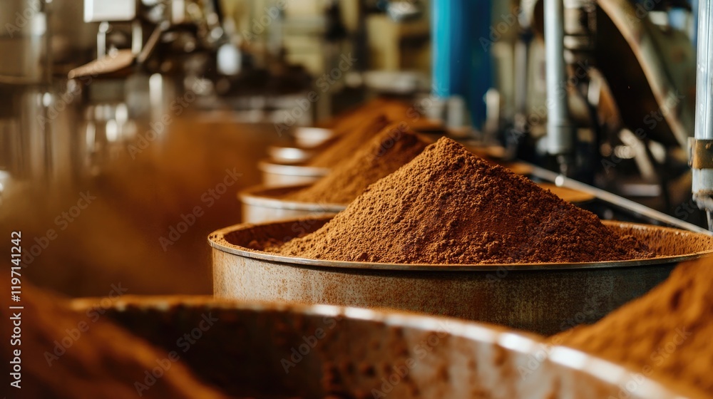 Aufkleber industrial production line featuring containers of cocoa powder in a factory, showing the manufactur