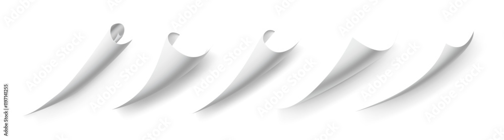 Poster Flipping book effect, page curl or bent edges of notebook, realistic cellulose fibers collection. Isolated curved paper corners, folded piece of sheet or brochure. White scroll or turning