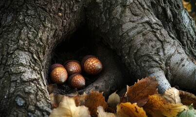 Acorns rest in a tree's roots among leaves.