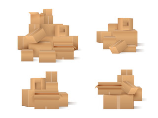 Cardboard box stacks for packing and mail delivery service of items and goods. Vector packaging with copy space for text, empty paper bags for moving out or transportation with duct tape