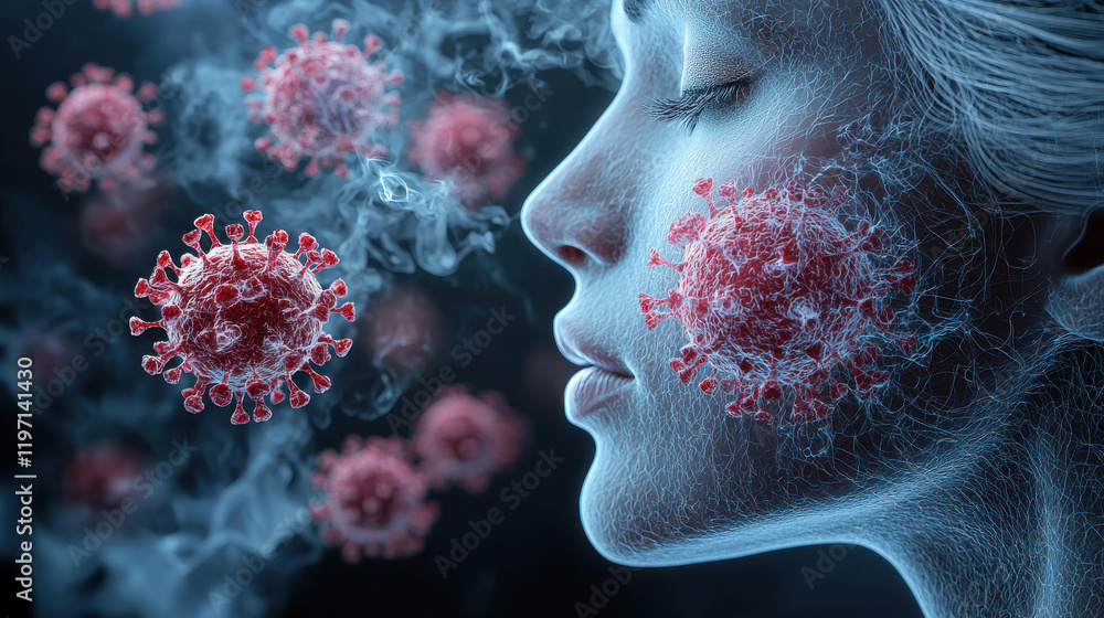 Poster close up of woman face with virus particles, illustrating viral spread in respiratory system. image 