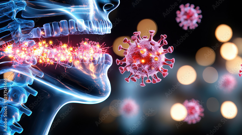 Aufkleber image illustrates mechanism of viral spread in respiratory system, showcasing human skull with virus