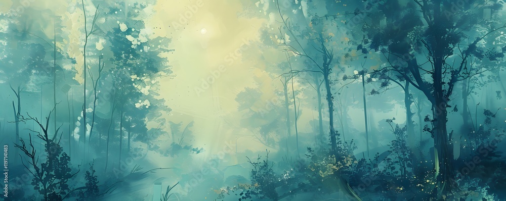 Poster a forest with trees and a light shining through the trees