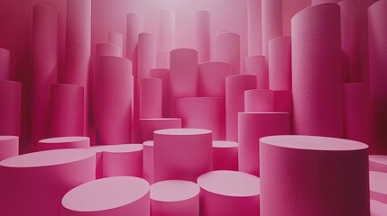 Obraz premium Pink Cylindrical Cityscape: A captivating abstract image featuring a multitude of varying-sized pink cylinders creating a futuristic cityscape, bathed in soft, ambient light.