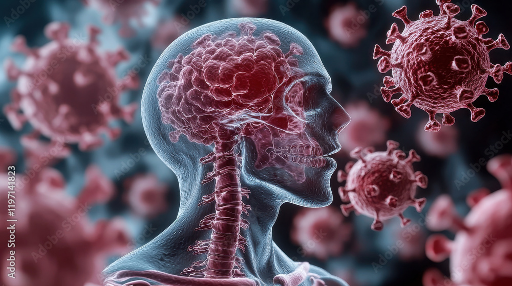 Poster x ray style image depicting human skull with respiratory system and virus particles, illustrating im