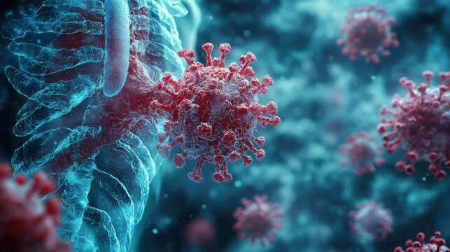semi transparent X ray style image showing respiratory system with virus particles. intricate details highlight interaction between lungs and pathogens, evoking sense of urgency