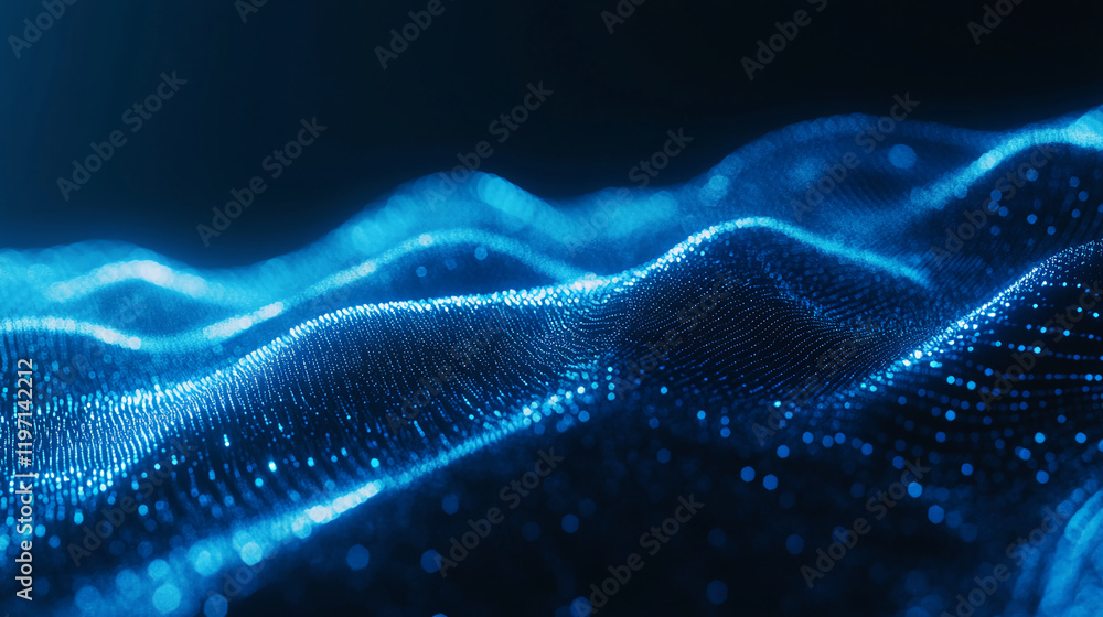Poster glowing blue particle waves with abstract patterns on a dark background