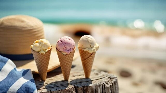 Conos de helado sobre tronco con fondo de playa y mar