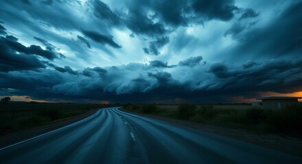 dramatic dark stormy sky over an empty road at dusk, evoking a sense of adventure, mystery, and impending change