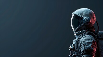 A man in a space suit is standing in front of a blue background