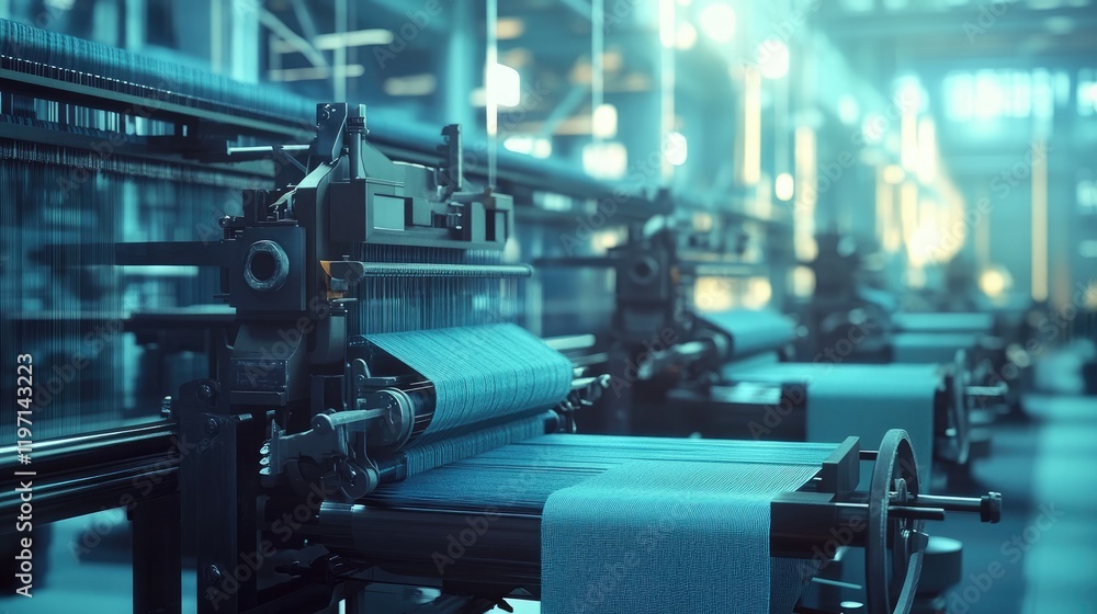 Poster textile weaving machines creating fabric in a modern textile mill, showcasing the intricacies of tex
