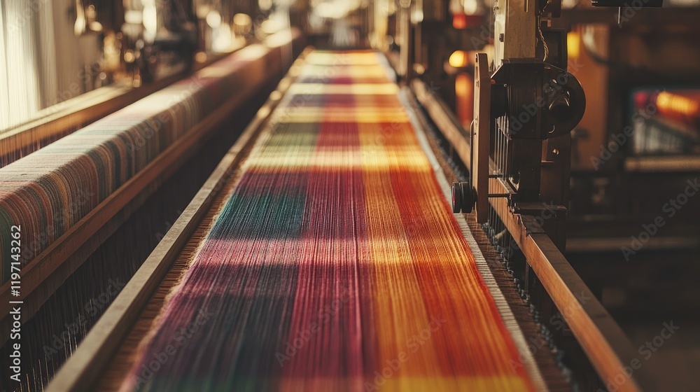 Poster textile weaving machines in a textile mill, producing fabric in an industrial setting, highlighting 