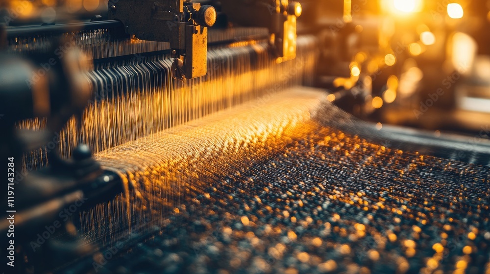 Poster textile weaving machines creating fabric in a modern textile mill, showcasing the intricacies of tex