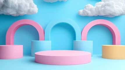 Pastel Paradise: A whimsical backdrop of pastel blue, pink, and yellow hues with stylized clouds, creating a playful and inviting space for product photography.