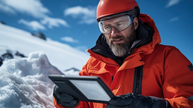 researcher stands on a snowy mountain, dressed in an orange jacket and protective gear. He closely examines a tablet, immersed in his work against a backdrop of clear blue skies and snow