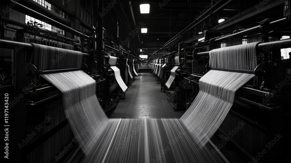 Poster textile weaving machines in a textile mill, producing fabric in an industrial setting, highlighting 