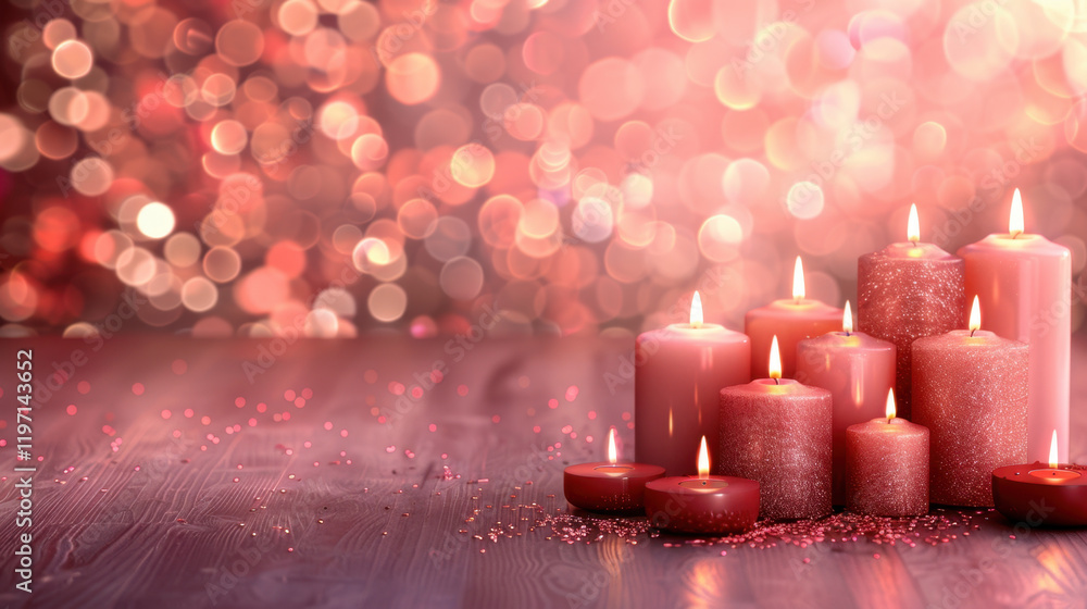 Poster softly glowing candles create warm and inviting atmosphere, surrounded by shimmering bokeh lights. p