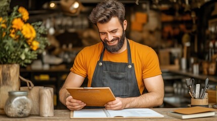 cheerful barista in a bright orange shirt and black apron looks over menu items at a wooden counter. cafe features warm lighting, plants, and a welcoming atmosphere, perfect for patrons