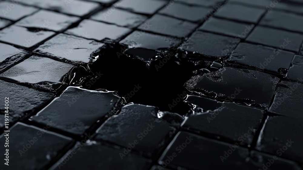Poster the glossy surface of black ceramic bricks is shattered by a mysterious black hole emerging through,