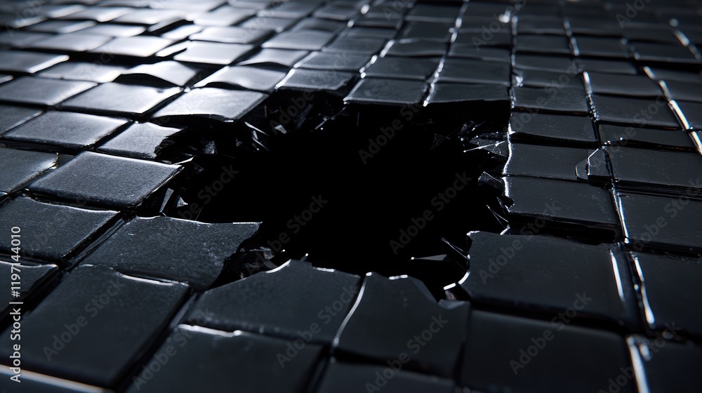 Poster The glossy surface of black ceramic bricks is shattered by a mysterious black hole emerging through, creating a dark and surreal visual effect