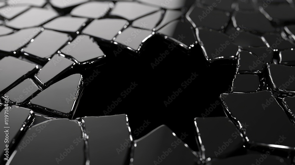 Poster the glossy surface of black ceramic bricks is shattered by a mysterious black hole emerging through,