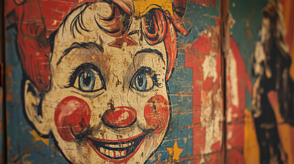 A vintage circus poster photographed up close, showing weathered typography and colorful illustrations