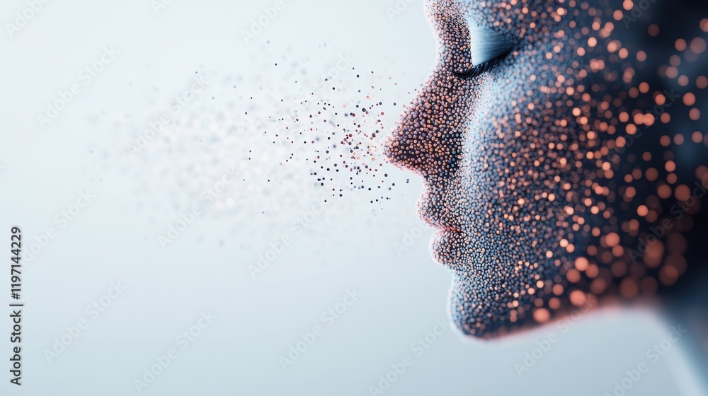 Aufkleber A digital representation of a woman's face, dissolving into particles, symbolizing transformation and the blending of reality with abstraction.