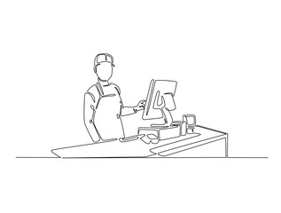 Continuous one line drawing of seller cashier of the strore. Female cashier of supermarket waiting customers illustration. Editable vector.