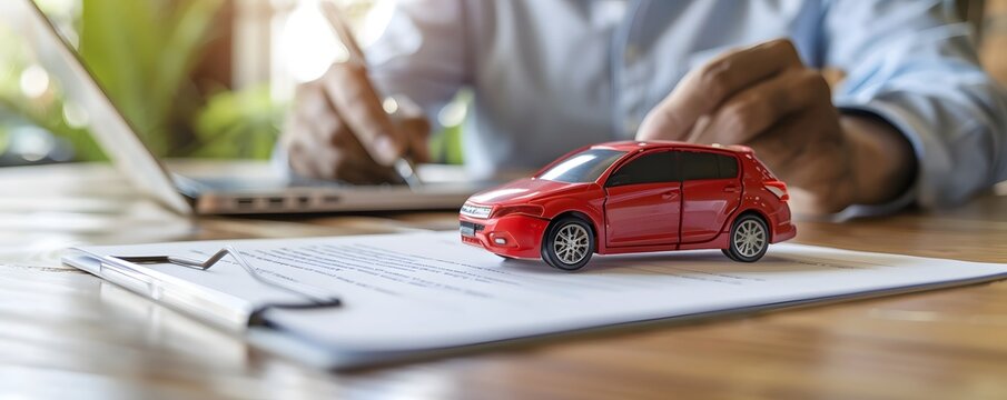 A man is writing on a piece of paper with a red car on it