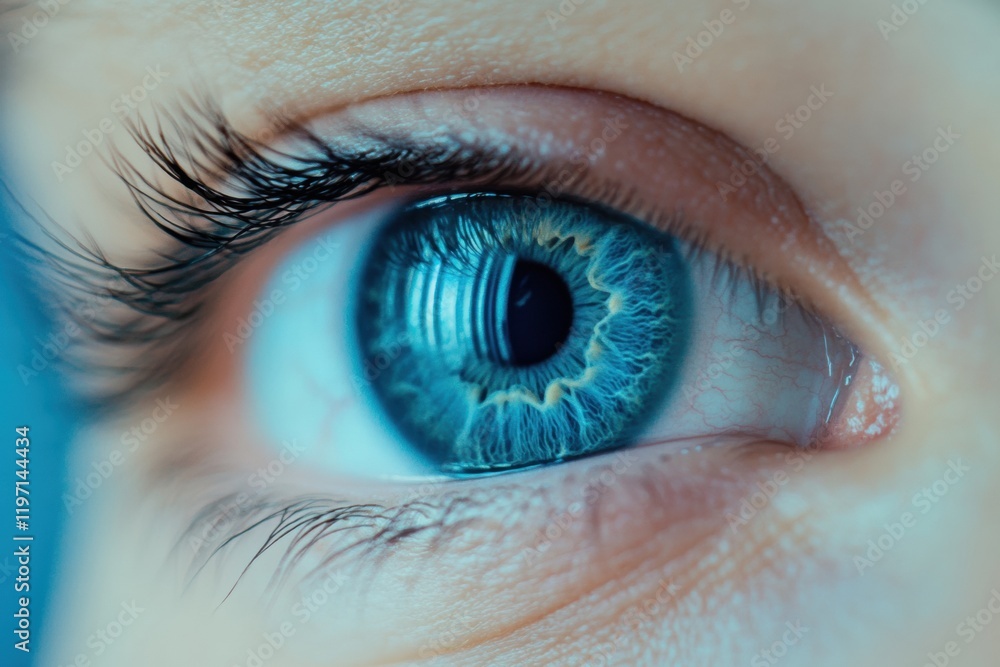 Poster close up of a vibrant blue eye showcasing intricate details and mesmerizing patterns under natural l