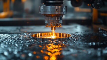 Close-up of industrial metal cutting machine in operation, sparks flying.
