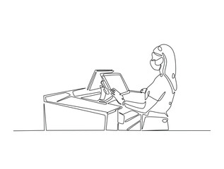 Continuous one line drawing of seller cashier of the strore. Female cashier of supermarket waiting customers illustration. Editable vector.