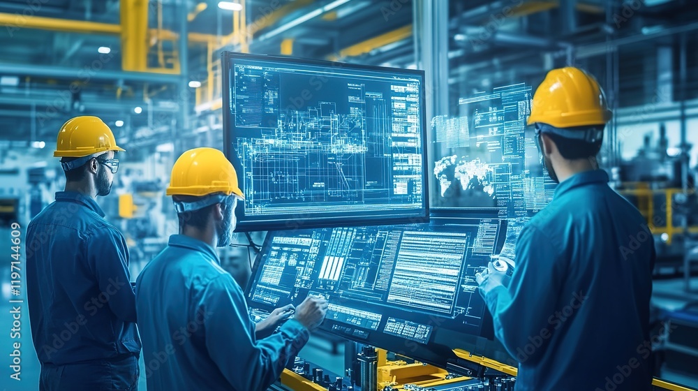 Poster a team of engineers monitoring a factory production efficiency using digital tools.