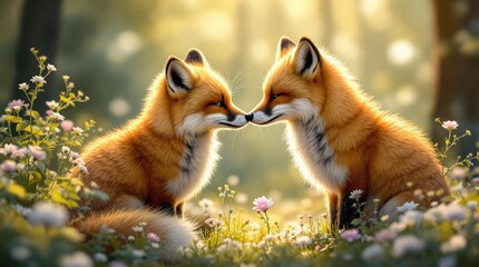 Romantic Fox Couple. Two foxes touching noses in a quiet woodland scene, romantic and tender mood, copy space
