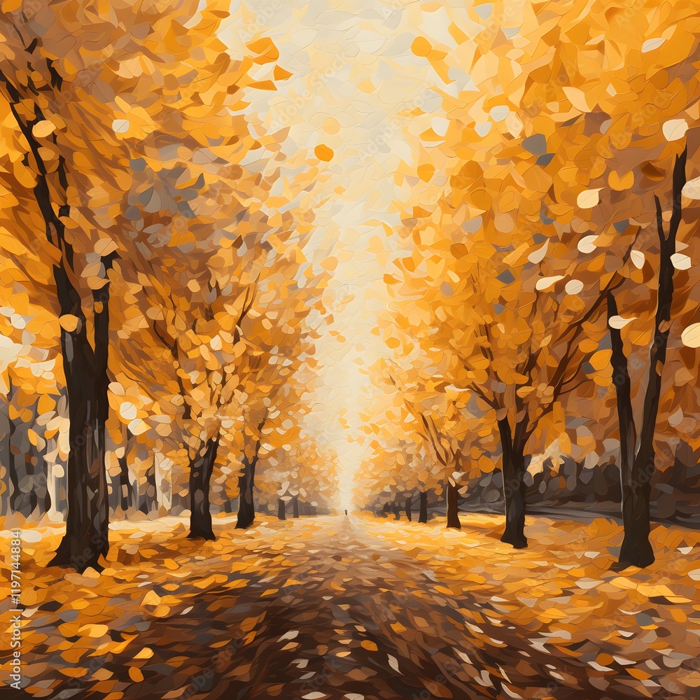 Poster a painting of a path with trees and leaves