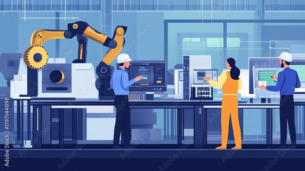 Poster a team of engineers monitoring a factory production efficiency using digital tools.