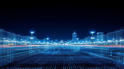 Futuristic Cityscape, Network Overlay In Blue, Concept Of Smart City And Digital Connectivity