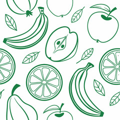 A repeating pattern of outlined fruit illustrations in green on a white background