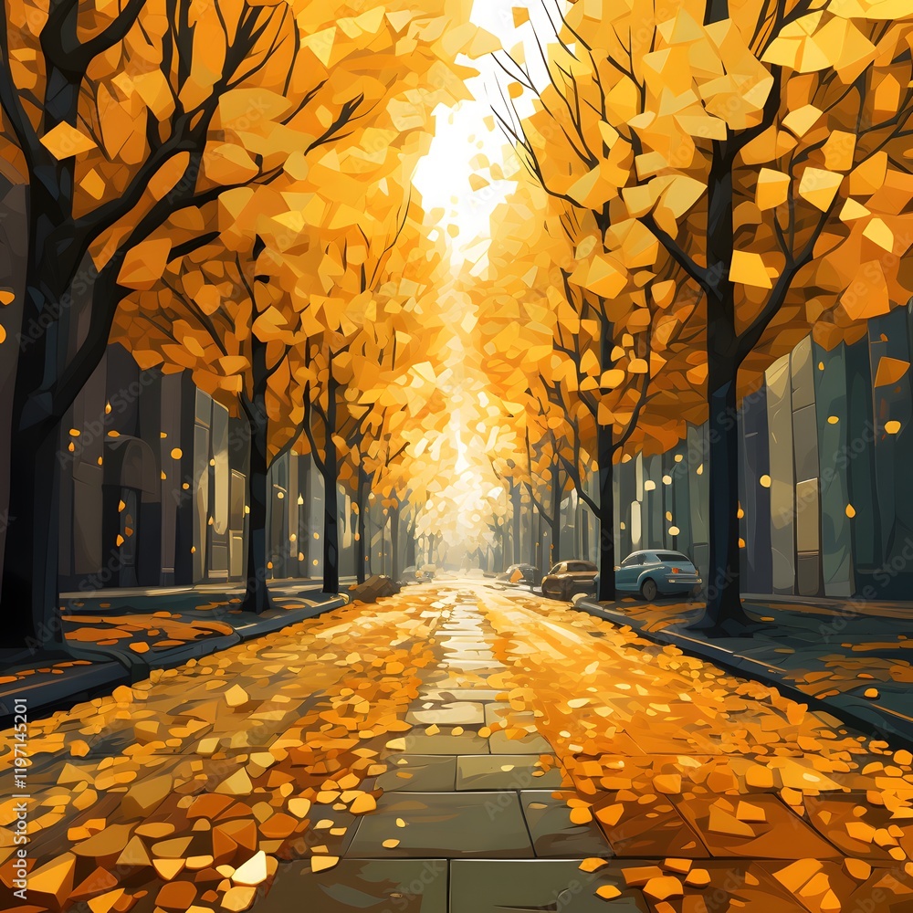 Poster a street with a sidewalk and a row of trees