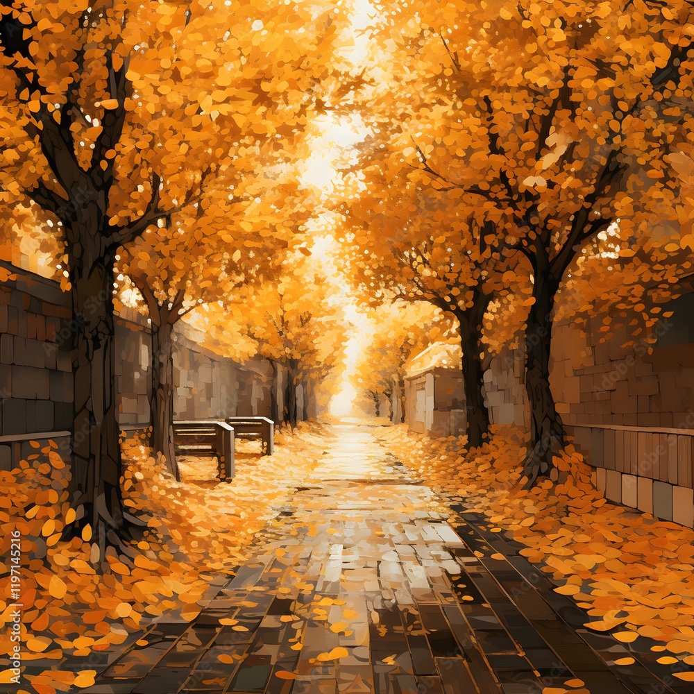 Poster a path with trees and benches