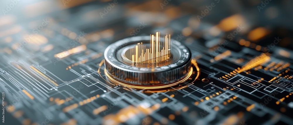 Poster A detailed view of a digital coin on a circuit board, representing cryptocurrency and data technology.