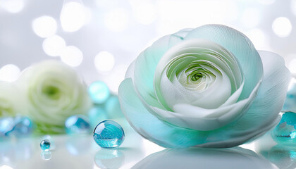 Transparent bluegreen ranunculus flower background